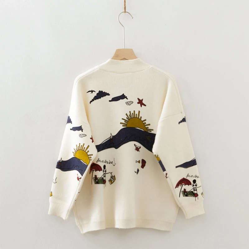 

Women Long Sleeve Knit Cardigan Cartoon Beach Sunset Graffiti Print Sweater Coat Autumn Female V-Neck Button Down Loose Outwear