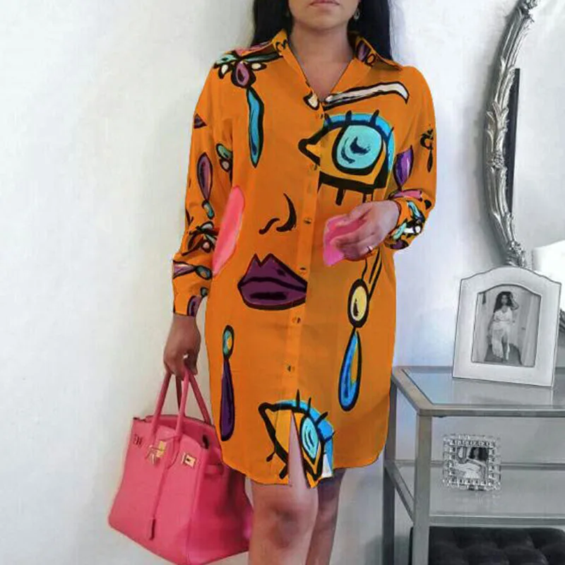 

Women Cartoon Shirt Dress Autumn Women Long Sleeve Short Dresses Ladies Loose Beach Dresses Streetwear Vestido Playa