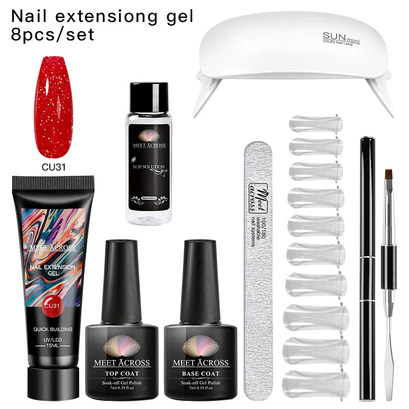 

MEET ACROSS Extension Gel Nail Polish Set Shiny Glitter Building Glue Soak Off UV LED Varnish Nail Art Gel Polish Manicure Set