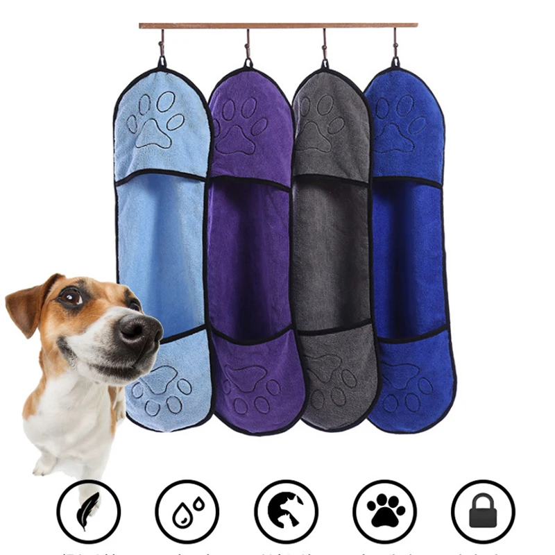

Pet Drying Towel Ultra-absorbent Microfiber Dog Bath Towel with Double Pocket Absorbent Soft Shower Towel Bath Supplies