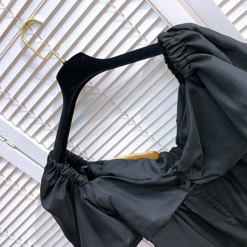 

Female New French Style Elegant V-neck Color-Contrast Bow Puff Sleeve Top Fashion Sexy Slash Shoulder Blouse All-match Black Top