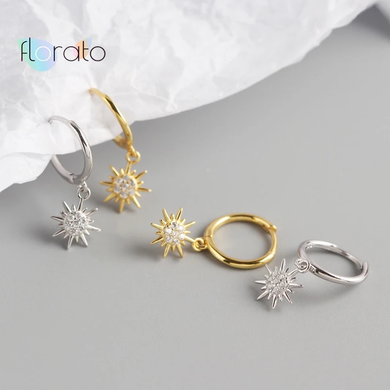 

925 Sterling Silver Little Inlaid Zircon Sun Pendant Hoop Earrings For Women Girl Fashion Korean Earrings Jewelry Accessories