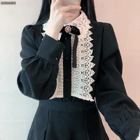 2021 new year womens japan preppy style white lace cotton blend tops black pink cute sweet single breasted button shirts