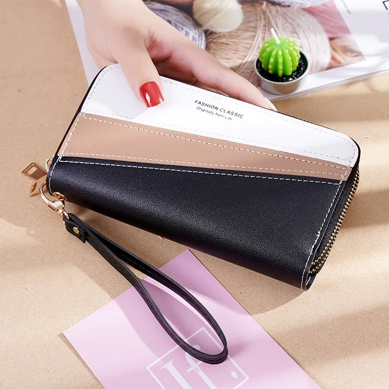 

2020 New Double Zipper Hand Wallet Ladies Long Stitching Contrast Color Large Capacity Double Wallet Mobile Phone Small Bag