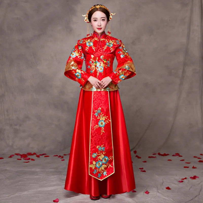 

FZSLCYIYI Flower Sequins Embroidery Formal Dress Royal Wedding Cheongsam Bride Vintage Chinese Traditional Tang Suit Qipao