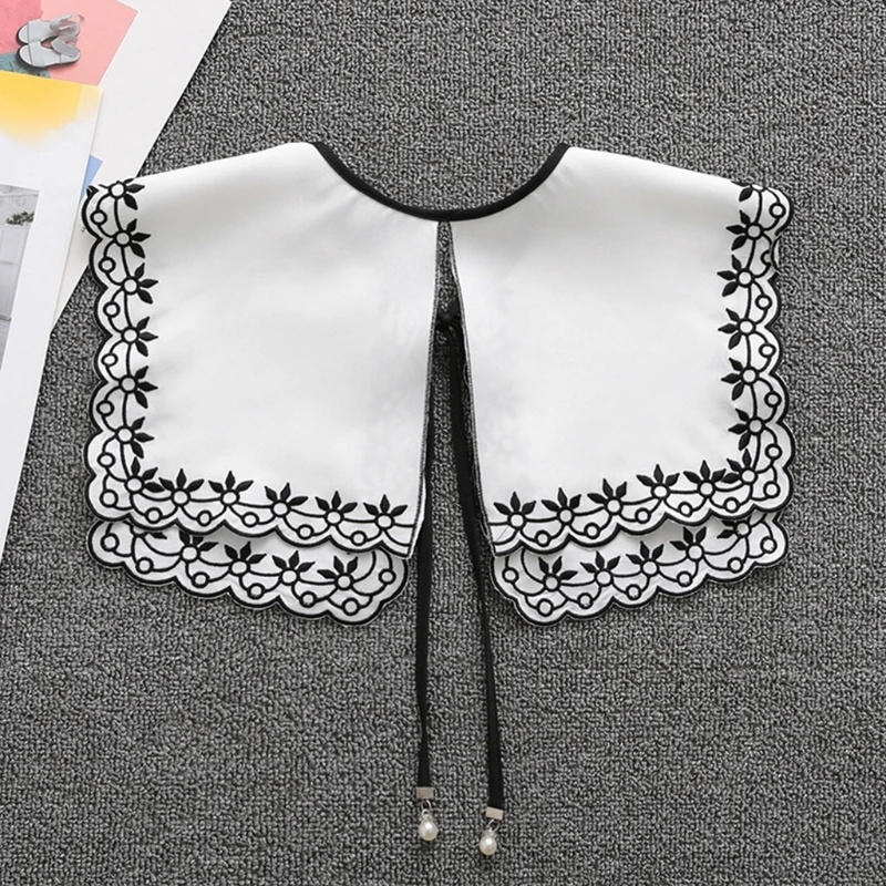 

Detachable False Fake Collar Sweet Floral Embroidery Ribbon Bow Necklace Shawl N58F