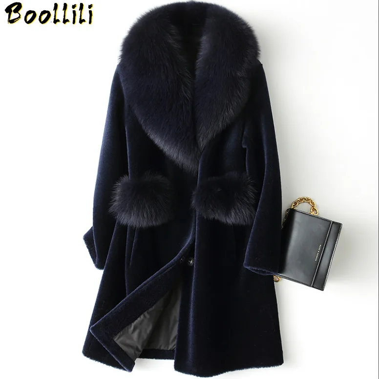 

Real Fur Boollili Coat Female Sheep Shearling Winter Jacket Women Fox Fur Collar 100% Wool Coat Long Jackets Plus Size