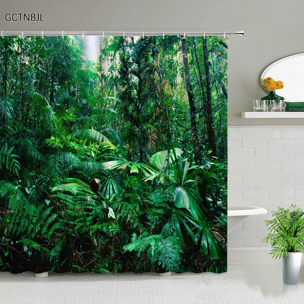 

Занавеска для душа с зелеными тропическими растениями, лесом, s, пальмами, цветами, птицами, листьями, 3D-печать, декор для ванной комнаты, набо...