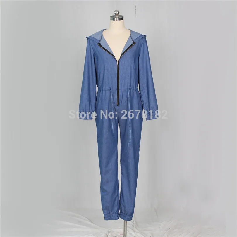 Женский джинсовый комбинезон с капюшоном на молнии завязками талии длинным