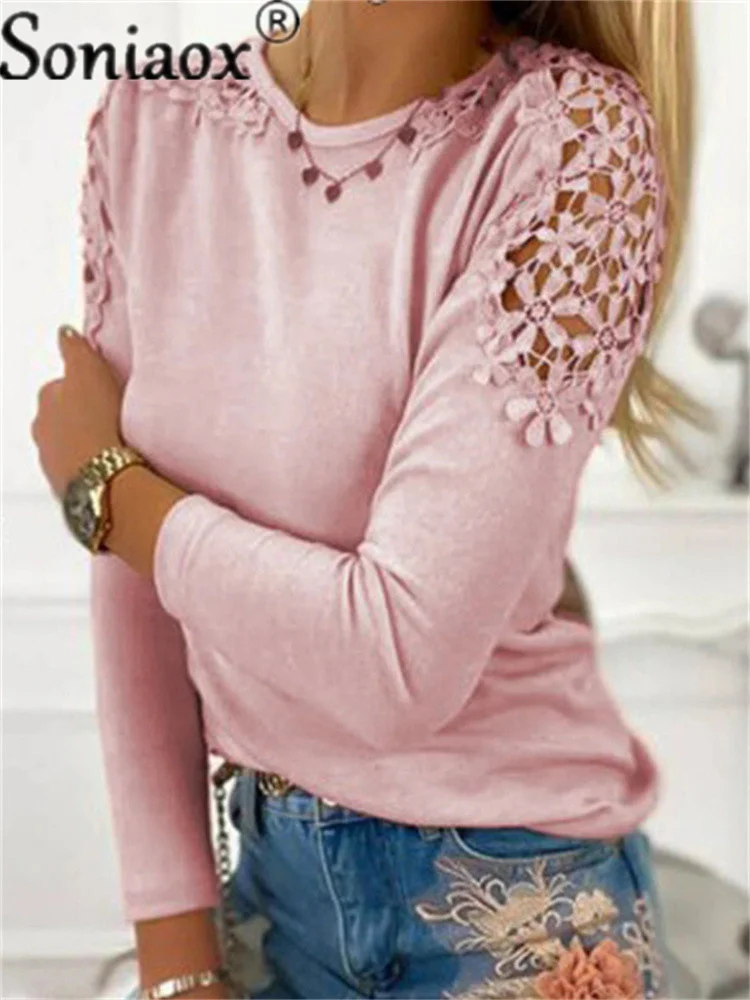Купи 2021 Autumn Women Casual Pure Color Slim Lace Patchwork Hollow Long Sleeve T Shirt Round Neck Elegant Top Ladies Clothes T-shirt за 494 рублей в магазине AliExpress