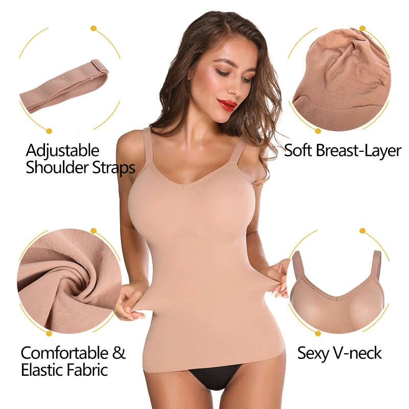 VASLANDA Women Camisoles Tank Tops Tummy Control Body Shaper Strapless Shapewear Sexy V-neck Crop Top Mujer Waist Trimmer Shirt