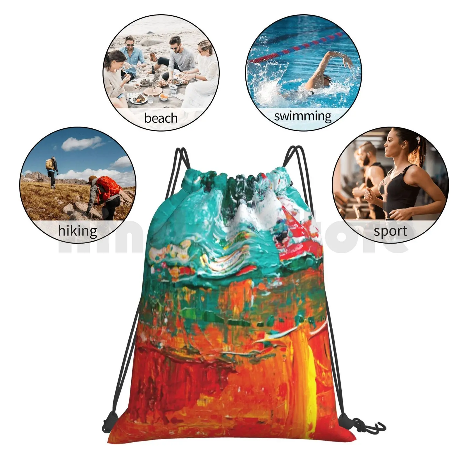 

Abstract Acrylic Modern Painting Red Land Blue Water Backpack Drawstring Bag Riding Climbing Gym Bag Acrilic Cucuvaya
