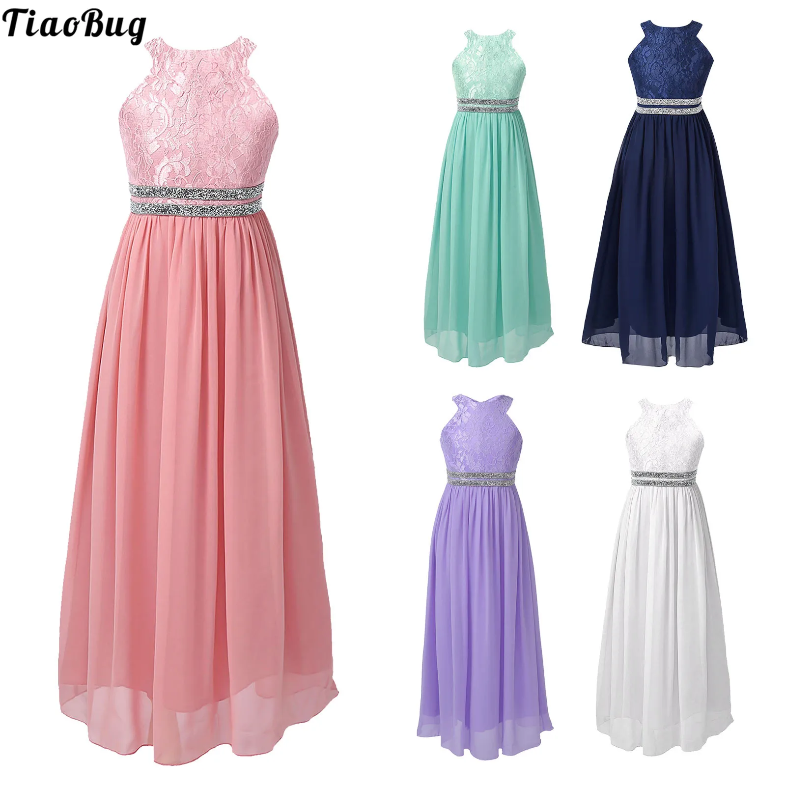 

TiaoBug Summer Kids Girls Halter Neck Floral Lace Sleeveless Chiffon Dress Wedding Bridesmaid Party Gown