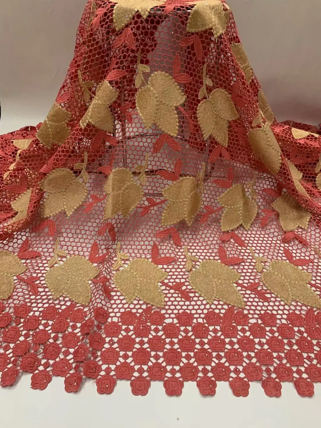 

African Guipure Lace Fabric Embroiderey French African Cord Lace With Stones High Quality Nigeria Lace Fabric For Party 5yards