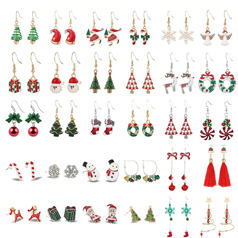 

Christmas Earring for Women Jewelry Stud Santa Claus Snow Man Umbrella Snowflake Giftbox Hat Socks Tassel Elk Wreath Crutch Bell