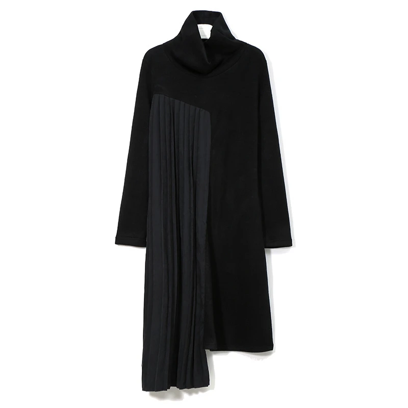 

2020 Winter Women Green Pleated Sweater Dress Patchwork Long Sleeve Turtleneck Lady Casual Irregular Style Dress Robe Femme