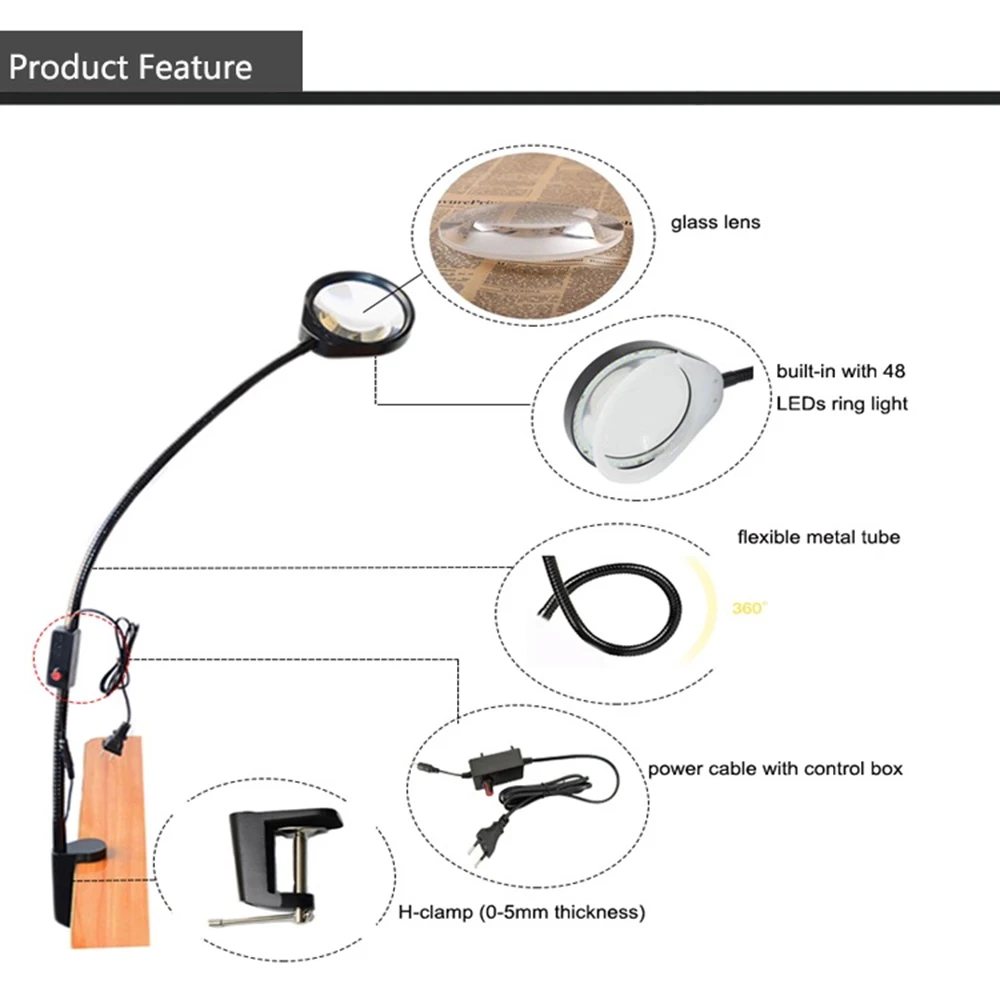 Metal Gooseneck Magnifying Glass Lamp with Stand 10X 20X LED Magnifier Light 5'' 127mm Optical Glass Lens Loupe