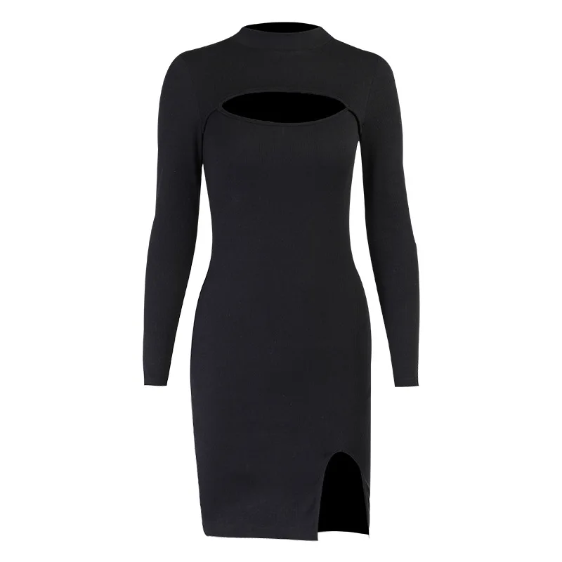 

Black Knit Dresses Women Spring 2021 Cut Out Long Sleeve Sexy Bodycon Dress Vintage Sheath Elegant Sundress Female Clothing Chic