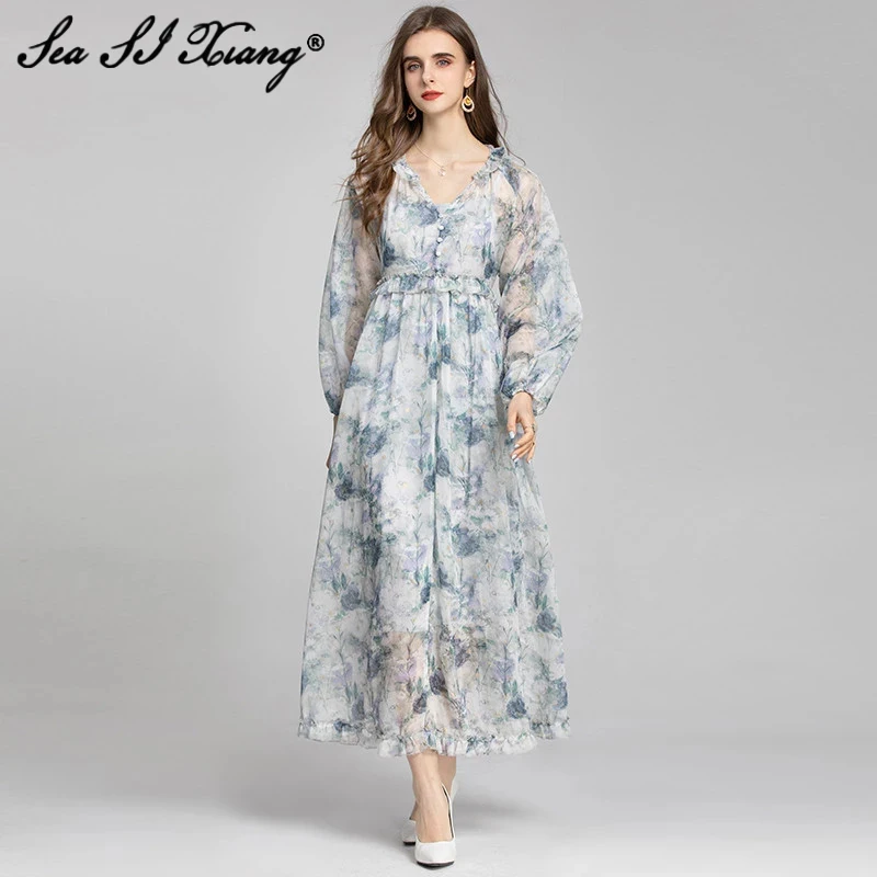 

Seasixiang Fashion Designer Summer Chiffon Dress Women Lace Up V-Neck Lantern Sleeve Floral Print Vacation Dresses
