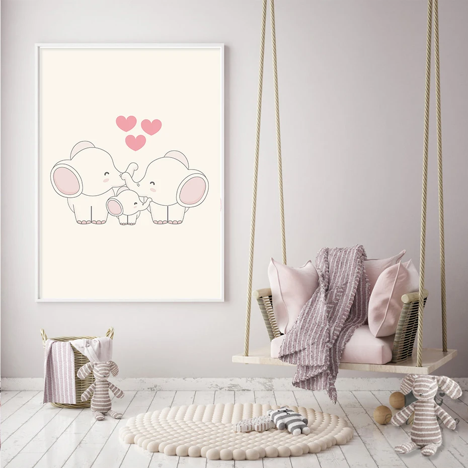 

Sweet Pink Happy Elephant Family Nursery Decor Baby Wall Art Canvas Painting Poster Print Picture Children Gift Home Decor