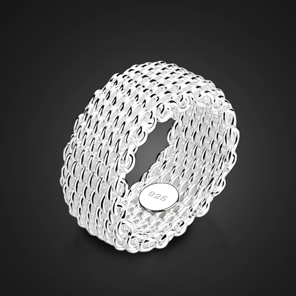 

New Fashion 9MM Wide Silver Ring Personalized Women 100% 925 Sterling Silver Braided Mesh Ring Fine Jewelry Gift Wholesale