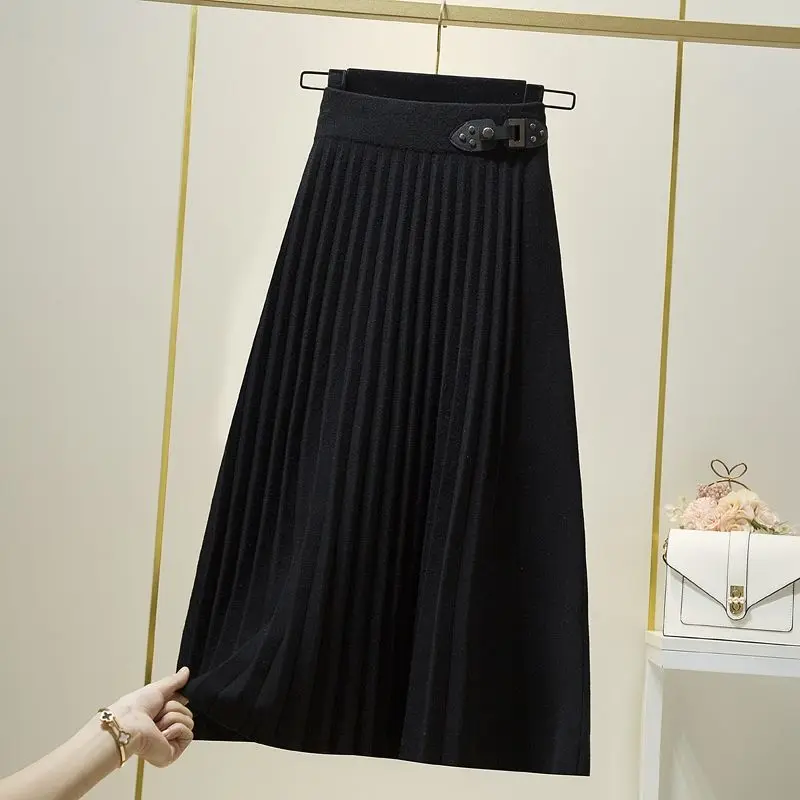 

Женская трикотажная юбка до колен, элегантная плиссированная юбка с высокой талией, модель Y340 в Корейском стиле на осень и зиму, 2021