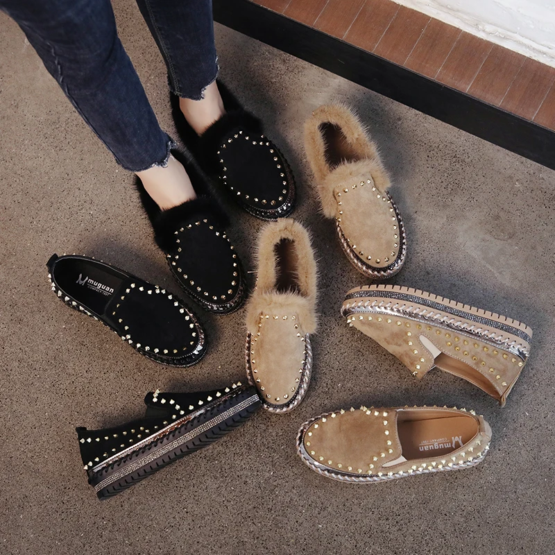 

Autumn Winter Real Mink Fur Shoes Women Flats Luxury Rivets Hand Stitching Winter Shoes Woman Crystals Slip-on Platform Footwear