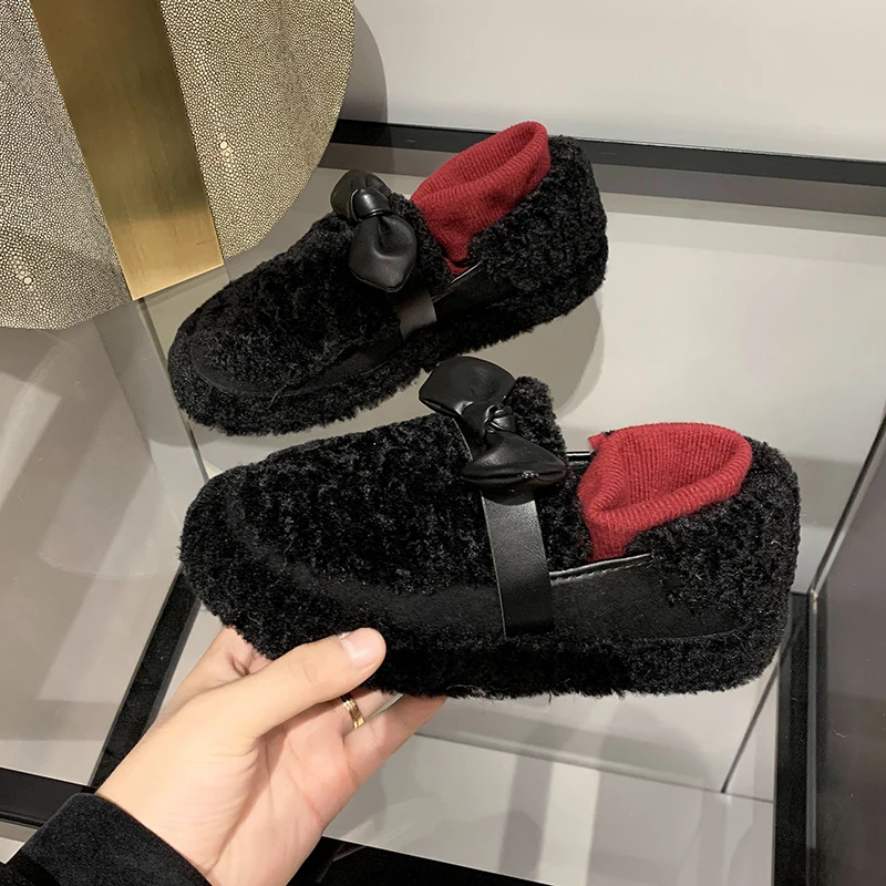 

Женская зимняя обувь на плоской подошве с бантиком-бабочкой, высококачественные меховые лоферы с помпонами, удобная теплая женская обувь, ж...