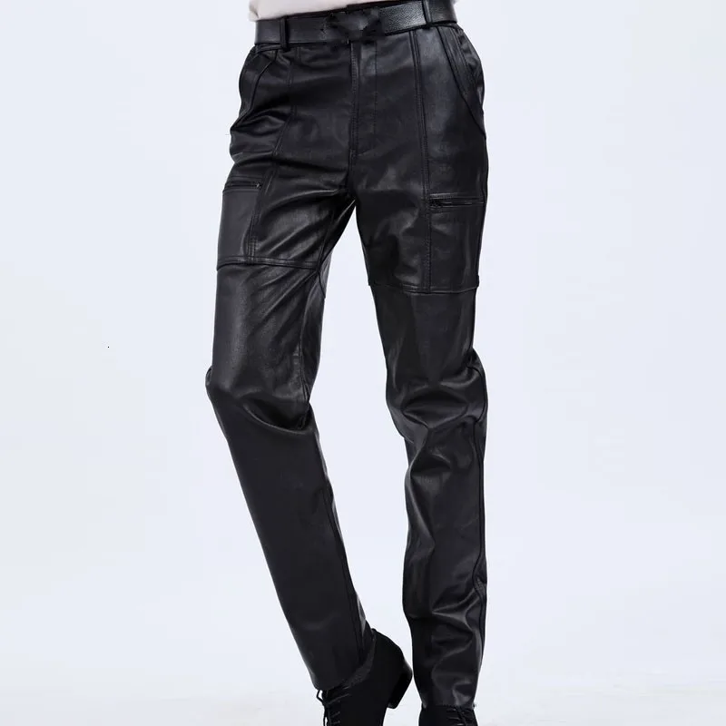 Мужские повседневные брюки классические свободные из натуральной кожи в