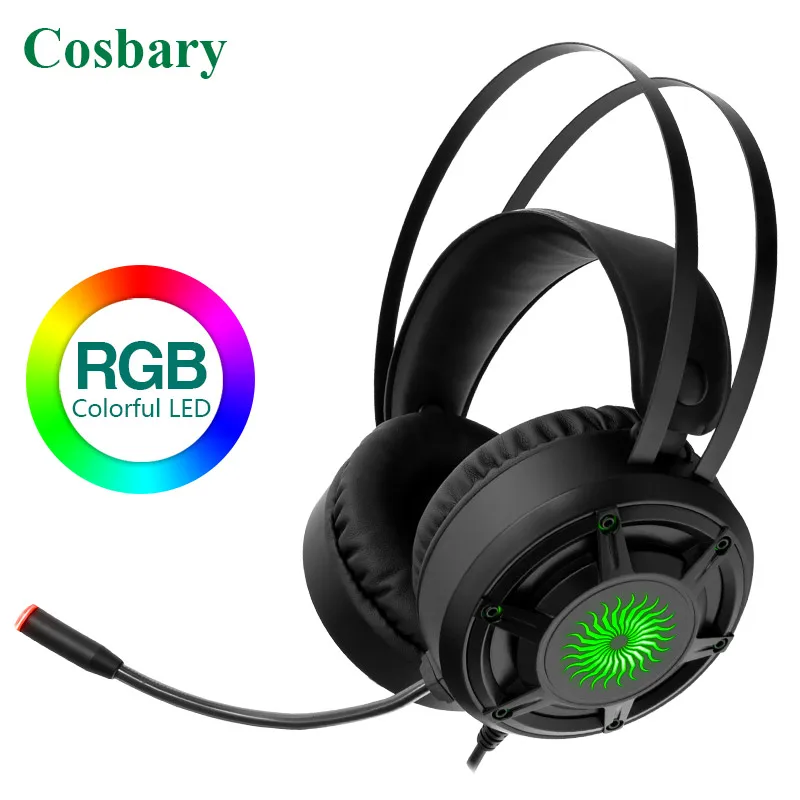 Cosbary Gamer гарнитура 3,5 мм разъем USB проводные стерео глубокий бас светодиодный Игровые наушники с длинным микрофоном для ПК компьютера ноутбука PS4