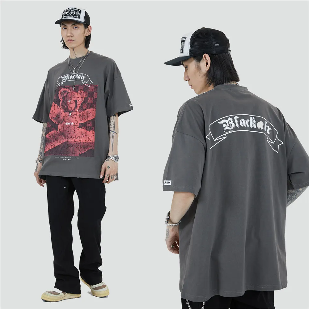 

2021 Men Hip Hop Streetwear T-Shirt Heart Puzzle Bear Doll Printed T Shirt Casual Cotton Harajuku Short Sleeve Tshirt Tops Tees