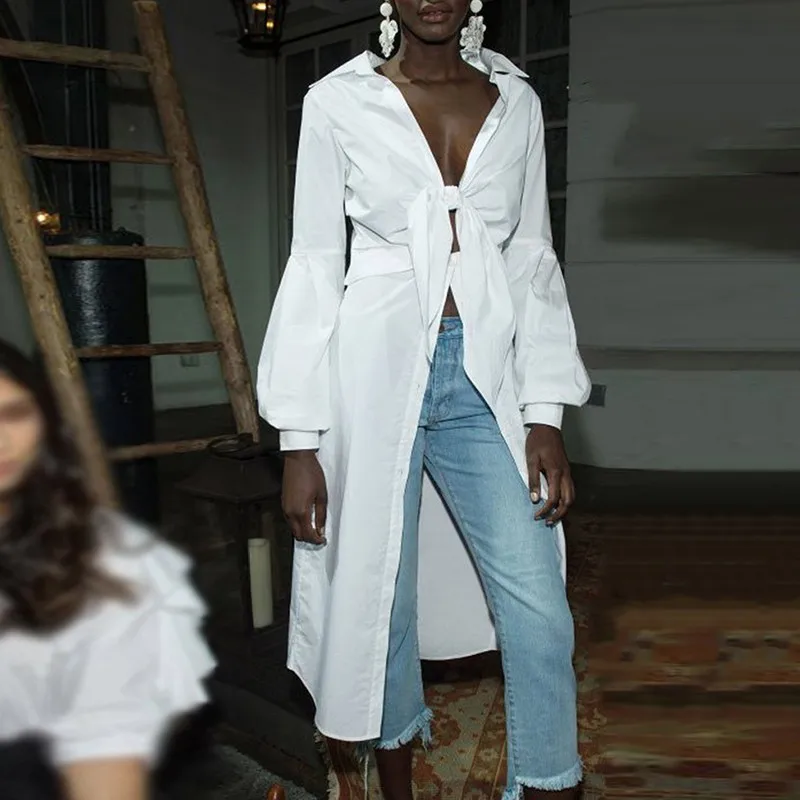 VGH весенние сексуальные женские рубашки с рукавом фонариком и бантом блузки