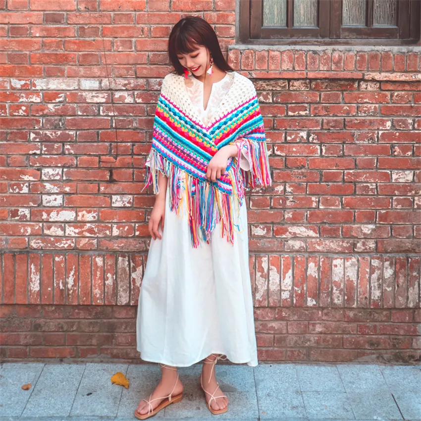 Boho Ethnic Style Handmade Crochet Scarf Shawl Tassel Women Colorful Rainbow Striped Knitted Pashmina Designer Poncho |