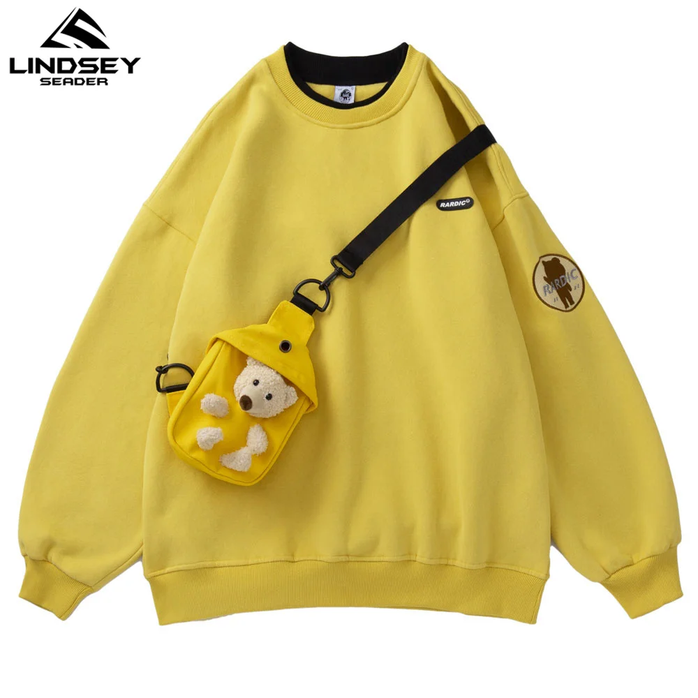 

Мужские толстовки LINDSEY SEADER, теплый однотонный пуловер в стиле Харадзюку, повседневные толстовки в стиле хип-хоп с сумкой, уличная одежда, мод...