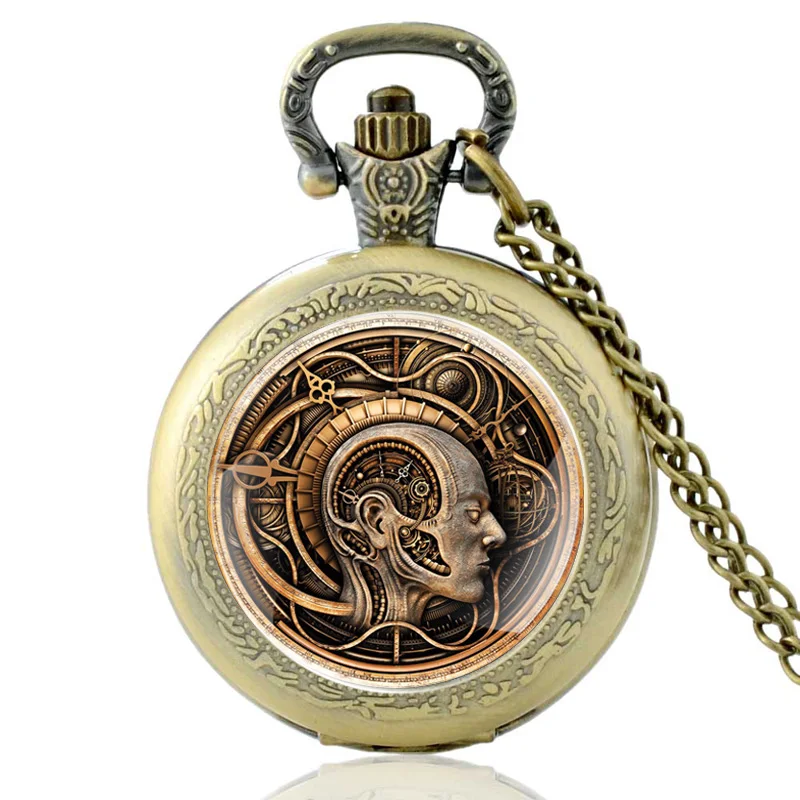Steampunk Mechanical Gear Skull Design Glass Cabochon Quartz Pocket Watch Vintage Men Women Pendant Necklace Watches Gifts hot one piece anime design quartz pocket watch cool pirate skull shape necklace chain for men women boys kids christmas gifts