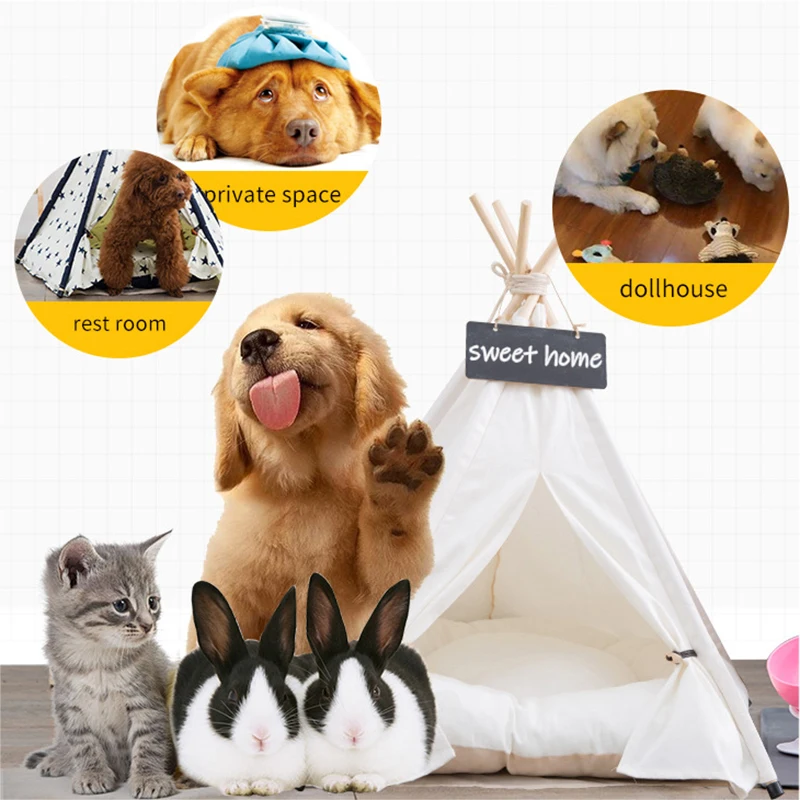 

Dog Tent House Cat Bed with Thick Canvas Cushion Blackboard Folding Playpen Puppy Kennel
