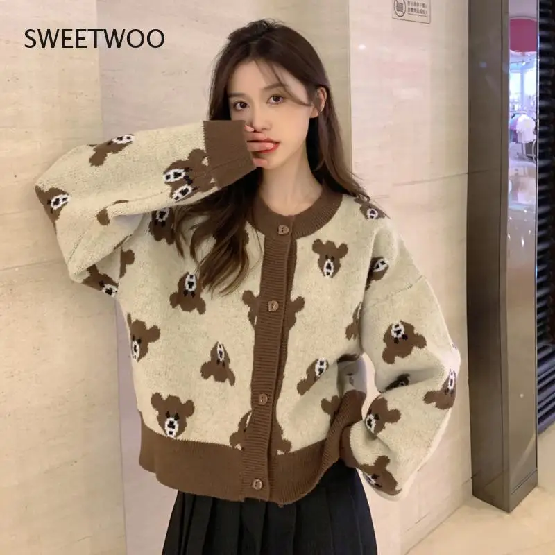 

Knitted Cardigan Women Funny Bear Cardigan Sweater Women's Autumn Sweet Salt Gentle Wind Leisure Long Sleeve Knitted Coat