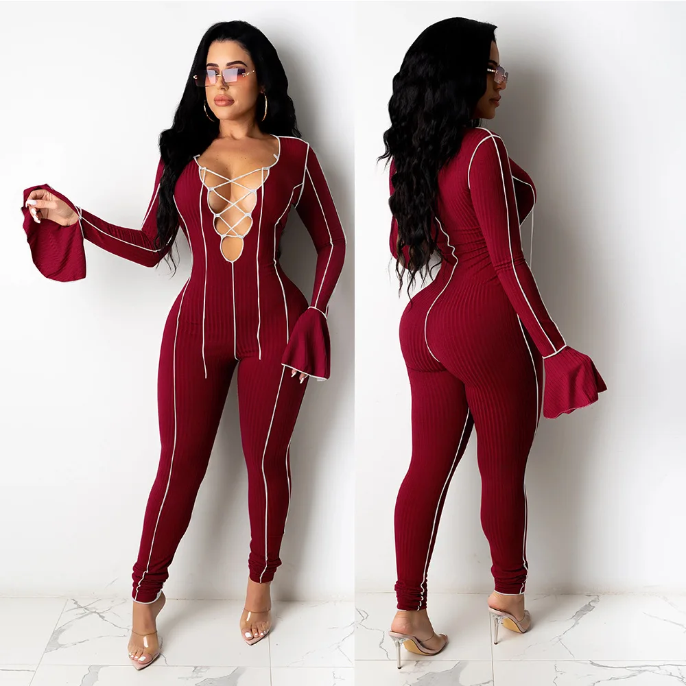 

Echoine Autumn Ribbed Lace Up Hollow Out V-neck Jumpsuit Flare Sleeve Sexy Bodycon Elegant Rompers Skinny Club Party Outfits