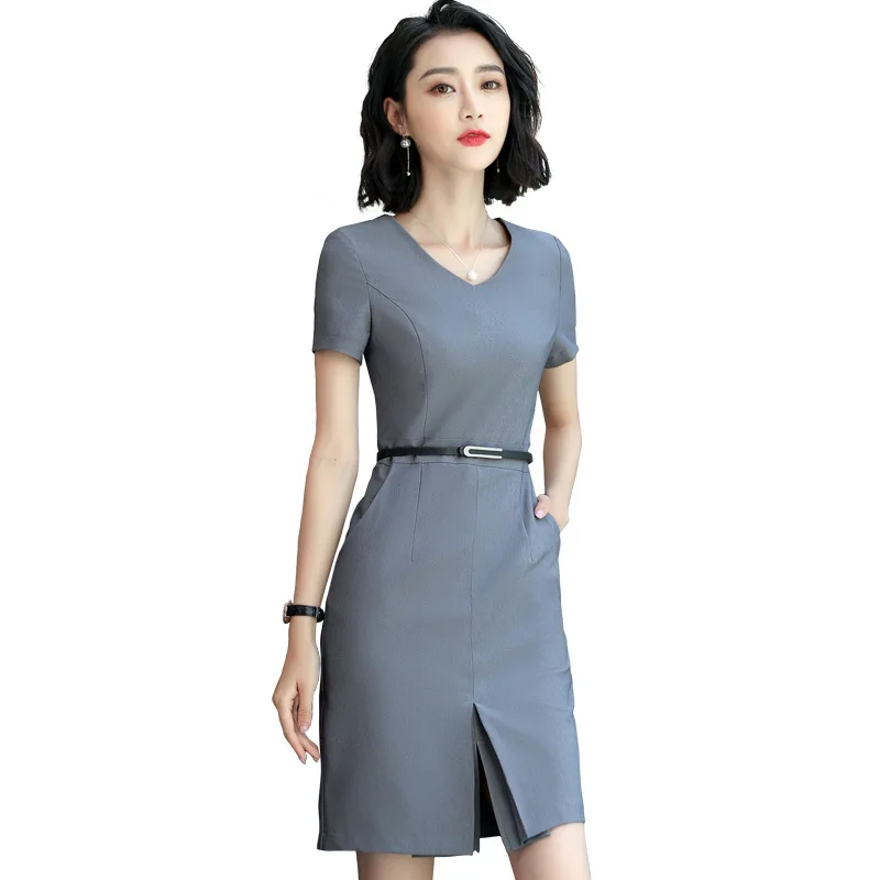 

High end dress 2020 summer professional dress V-neck short sleeve slim slit skirt sales front desk