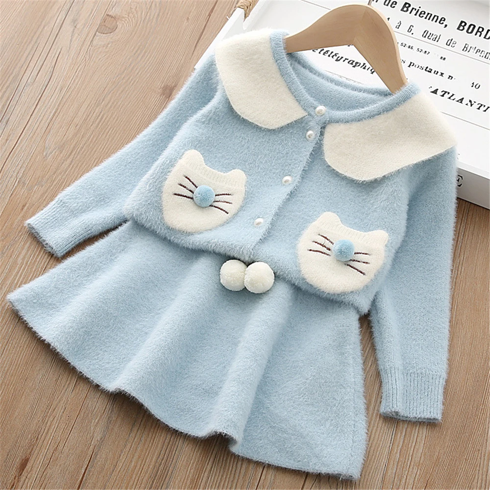 Новинка детский трикотажный свитер и юбка милая кошачья осенняя одежда для