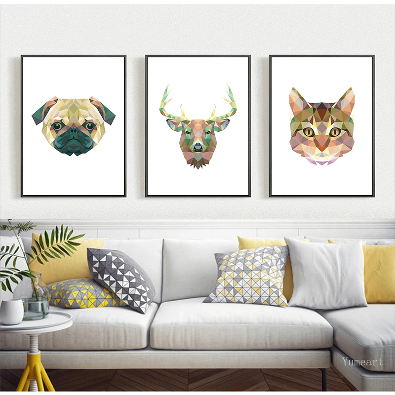 Абстрактная Геометрическая Картина на холсте с изображением оленя льва тигра