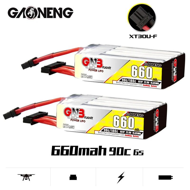 

2Pcs/Set Gaoneng GNB HV LiPo Battery 660mAh 6S 22.8V 90C/180C With XT30 Plug for FPV Drone RC Helis Parts