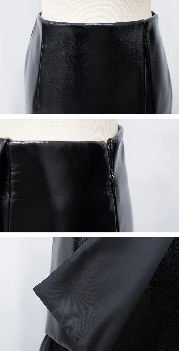 

CHEERART Mesh PU Leather Skirt Women Black Asymmetrical Skirt Patchwork Ladies Midi Skirt 2020 Fashion Clothing