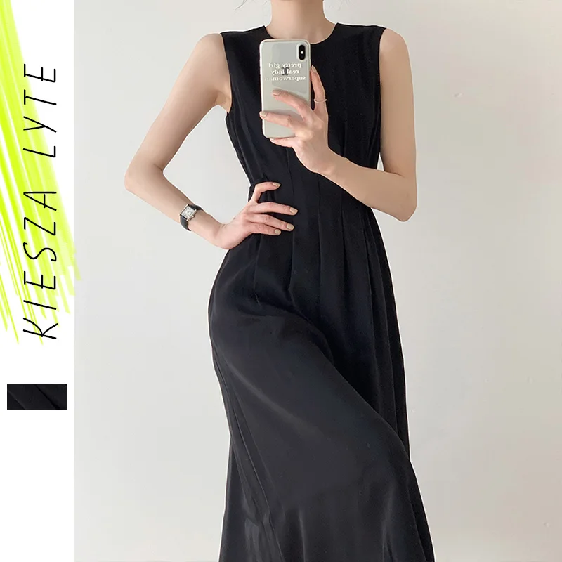 Black Dress 2023 French High Waist Sleeveless Twisted A Line Ladies Summer Dresses Women Clothing  Vestido Midi Elegante