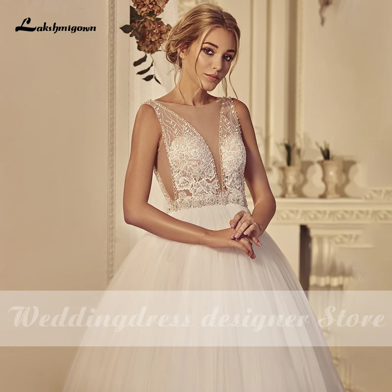 

Lakshmigown Applique Tulle Wedding Dresses 2021 vestido de novia Deep V Neck Beading Sexy Bridal Wedding Gowns robe de mariee