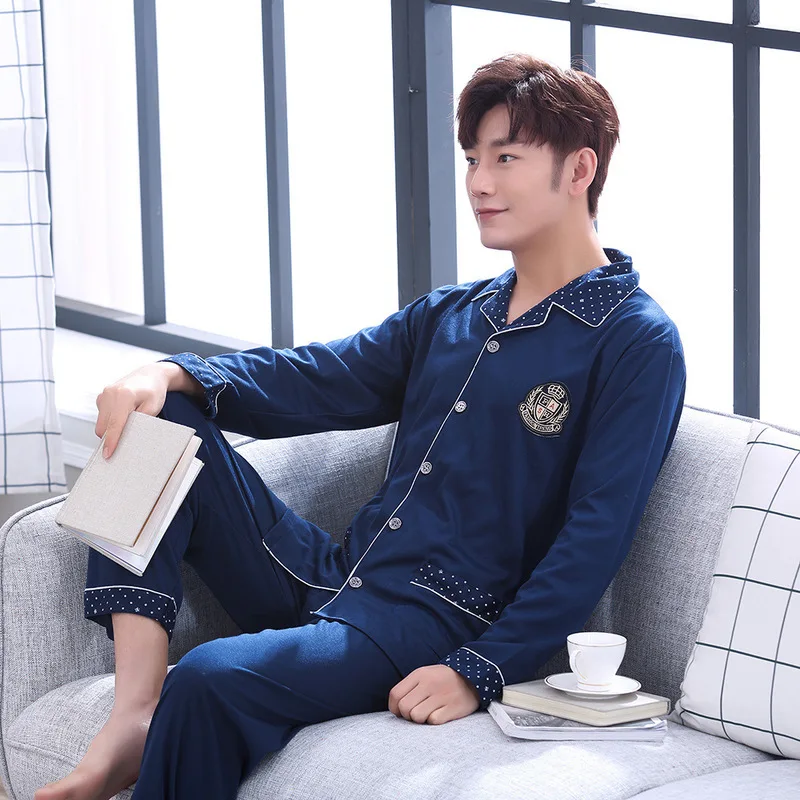 

Pajamas Men's Spring and Autumn Pure Cotton Long-sleeved Middle-aged and Elderly Cotton Cardigan Men's Thin Suit Sommeil Tops
