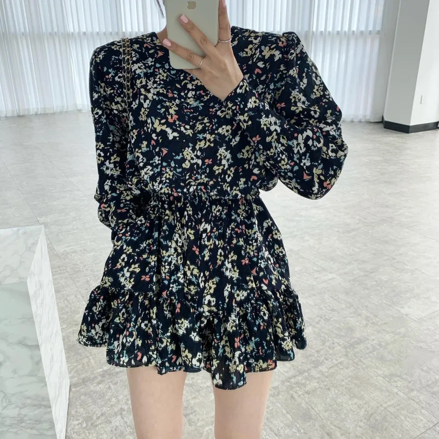 Новое поступление 2021, шикарное летнее платье с цветочным принтом для милой девушки, шикарное модное платье с круглым вырезом и длинным рукавом, комфортное летнее платье с высокой талией