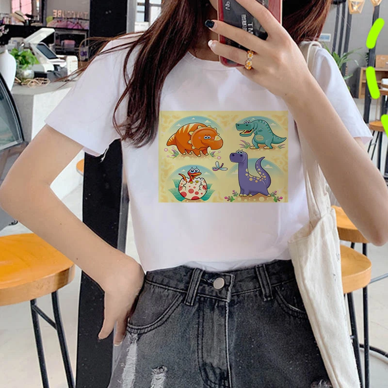 

NEW 2021 dinosaur printing women T shirt o-neck summer Ladies female tops tee Funny white kawaii tshirt Female Top