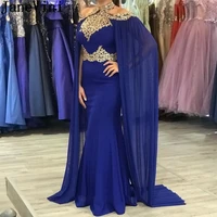 janevini muslim evening dresses mermaid 2020 royal blue gold appliques long cape high neck women formal party gowns dubai kaftan