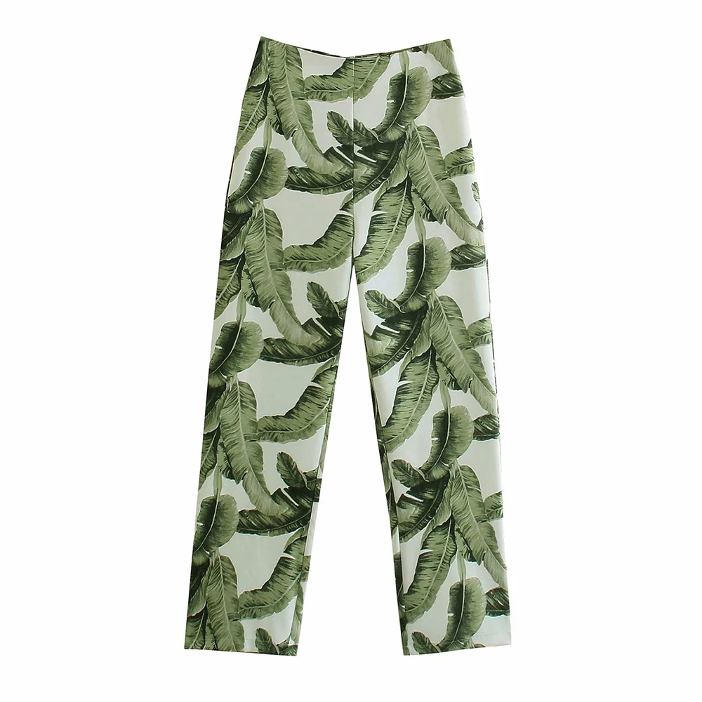 

Женские прямые брюки с высокой талией, повседневные Модные Зеленые Брюки с принтом в стиле ретро, 2021